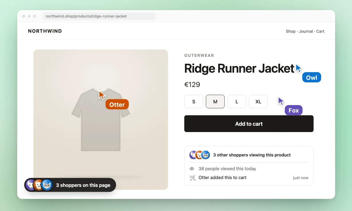 Product page with three shoppers’ live cursors and name labels (Fox, Otter and Owl), a product page block reading “3 other shoppers viewing this product”, and a corner pill reading “3 shoppers on this page”.