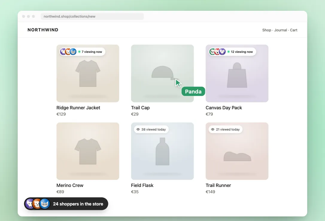 Collection page where product cards carry badges such as “7 viewing now” with shopper avatars and “38 viewed today”, while Panda’s cursor points at a cap.
