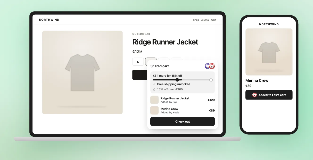Shop together on a laptop and a phone: the laptop shows a shared cart with free shipping unlocked and items added by Fox and Koala; the phone shows Koala adding a sweater to Fox’s cart.
