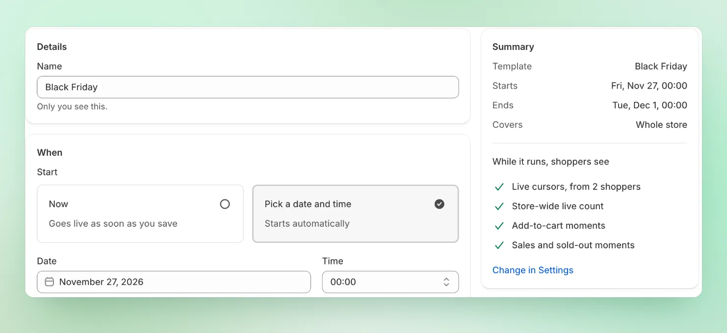 Scheduling a Black Friday campaign in the app: a start date and time, and a summary of what shoppers see while it runs, including live cursors and sales moments.