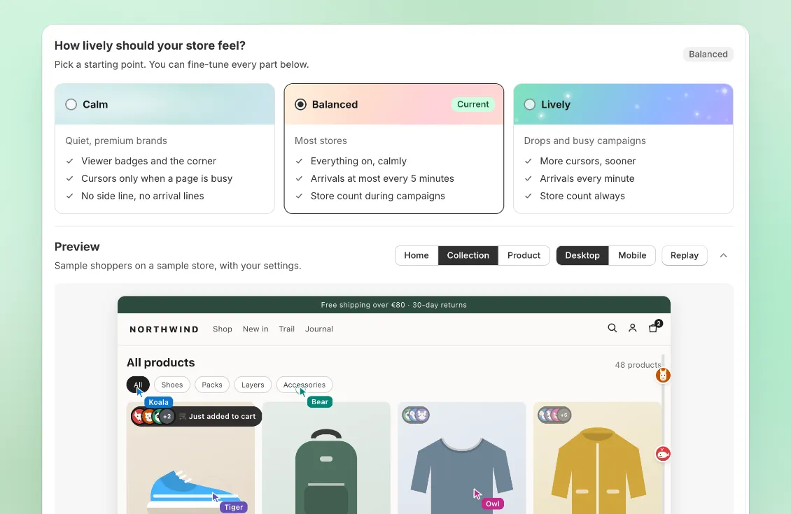 Choosing how lively the store feels in the app: the Calm, Balanced and Lively presets, above a preview of sample shoppers on a sample store.