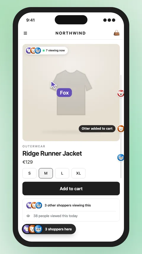 A product page on a phone with a “7 viewing now” badge, Fox’s cursor from a computer, phone shoppers’ avatars on the side line at the right edge, and “Otter added to cart”.