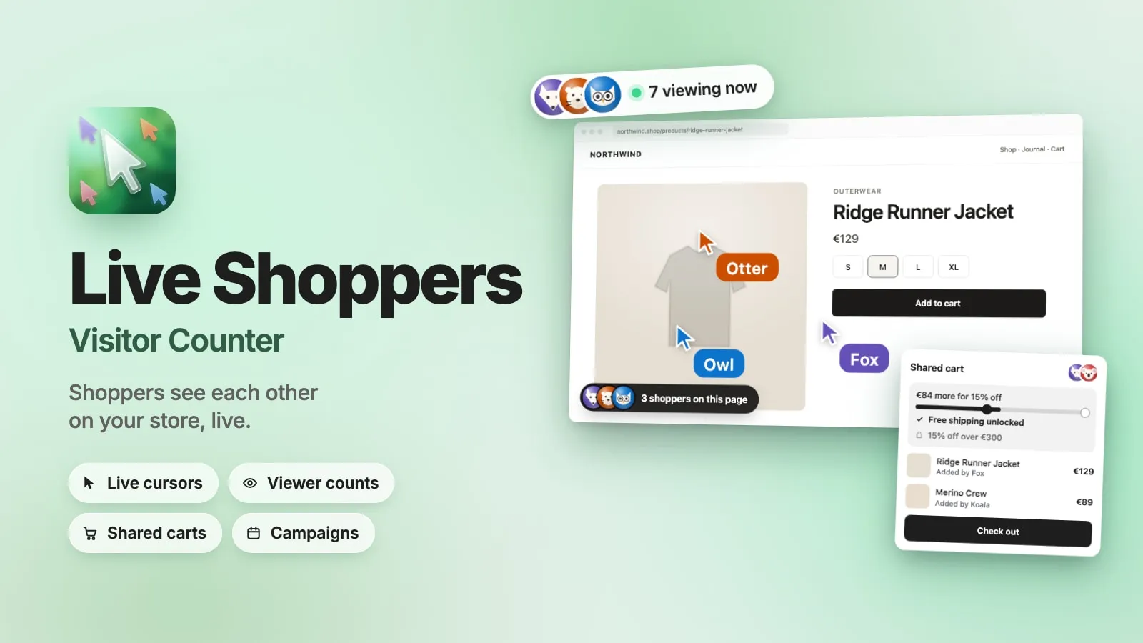 Video poster: the Live Shoppers app icon next to a product page with live cursors, a “7 viewing now” badge and a shared cart.